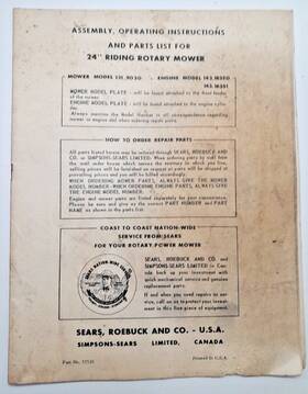 0143.18351 Craftsman 24ftft Riding Rotary Mower Assembly Operating And Parts List - Manual