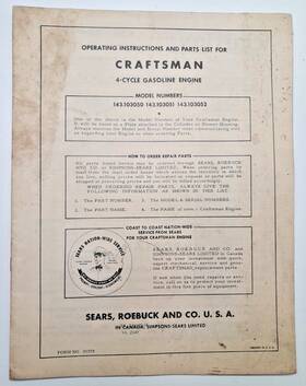 143.103052 Craftsman 4-cycle Gas Gasoline Engine Operating Instructions Manual And Parts List