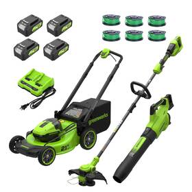 Lme477 Greenworks 2x24v 21 Inch Lawn Mower And String Trimmer/edger Leaf Blower Combo Kit
