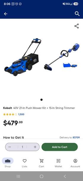 3809908 Kobalt 40v Max Push Mower 20 In And String Trimmer With Chgr/battery 4.0ah Genuine