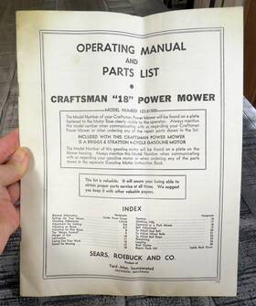 123.81500 Sears Craftsman Vtg Inch 18 Power Mower Model Operating Manual Parts List