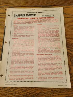 Cv212p Snapper Vintage 1977 Cv212 Walk Mowers Operators Manual