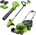 Powerful 48V Brushless Mower, Trimmer & Blower Combo With Dual Batteries Charg. Fixed Price $748.99.