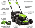 Greenworks 40V 21" Brushless Cordless Self-propelled Lawn Mower 5.0AH Battery(g). Fixed Price $389.99.