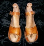 Miles Vintage 1970S Golden Brown Leather Women's Boho Shoes Wood Heel Open Toe. Fixed Price $70.00.
