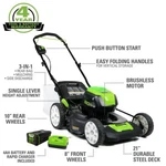 Greenworks 21" Cordless Walk Behind Lawn Self Prop Mower With Two 2.0AH Battery. Fixed Price $439.00.