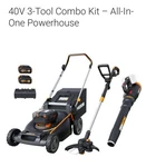 Worx 40V Combo, Includes 20" Push Mower, 13" String Trimmer, Quiet Tech Blower... Fixed Price $510.00.