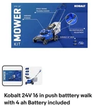 Kobalt 24V Max 16-INCH Brushless Cordless Electric Push Lawn Mower Kit 2X 4.0AH. Fixed Price $285.00.