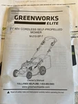 Greenworks Elite 21" 40V Cordless Self-propelled Lawn Mower M-210-SP-T Battery. Fixed Price $381.60.